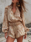 V-Neck Belted Waist Botanical Print Short Jumpsuit