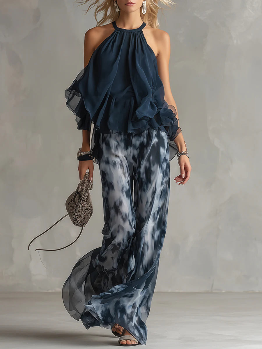Navy Halter-Neck Top and Printed Wide-Leg Pants Chiffon Set