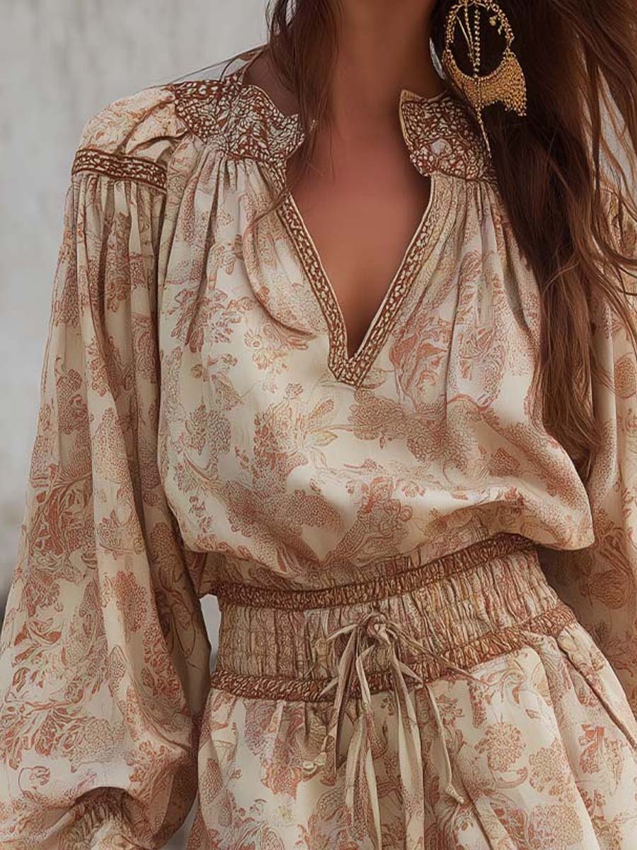 V-Neck Belted Waist Botanical Print Short Jumpsuit