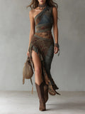 Elena | One-Shoulder Printed Maxi Dress with Slit and Ruffle
