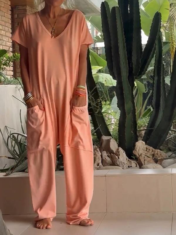Solid Color V-Neck Casual Jumpsuit