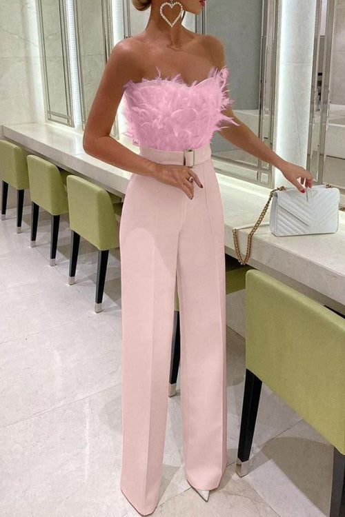 Slim Sexy Strapless Feather Jumpsuit