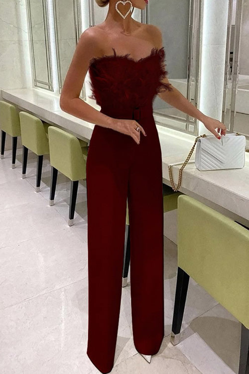 Slim Sexy Strapless Feather Jumpsuit