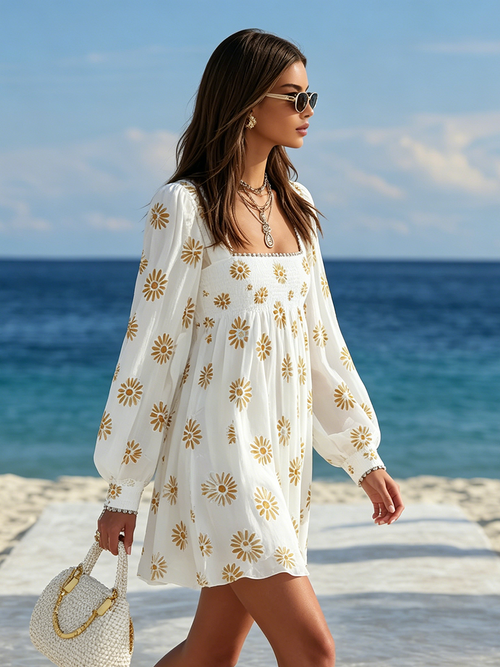 Resort-style Square Neck Lantern Sleeve Printed Mini Dress