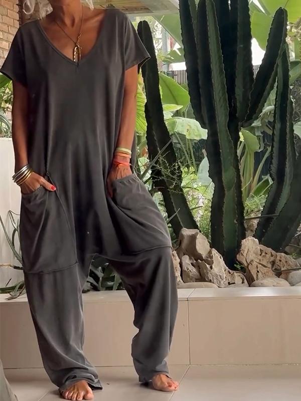 Solid Color V-Neck Casual Jumpsuit