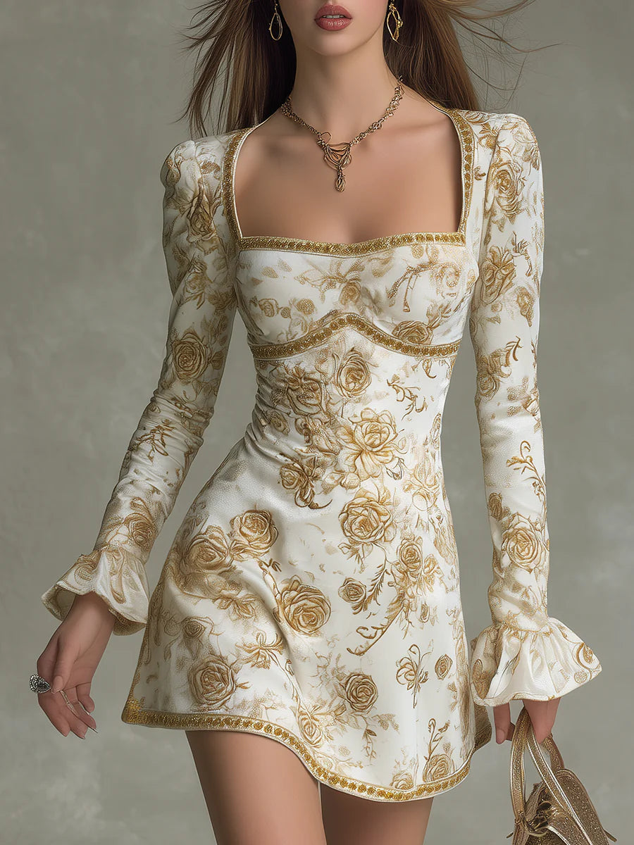 Elegant Vintage Style Rose Print Velvet Mini Dress