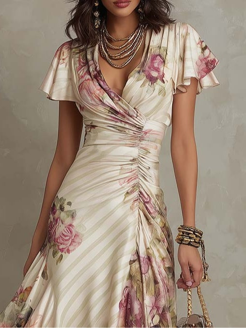 Elegant Vintage Floral Satin Midi Dress