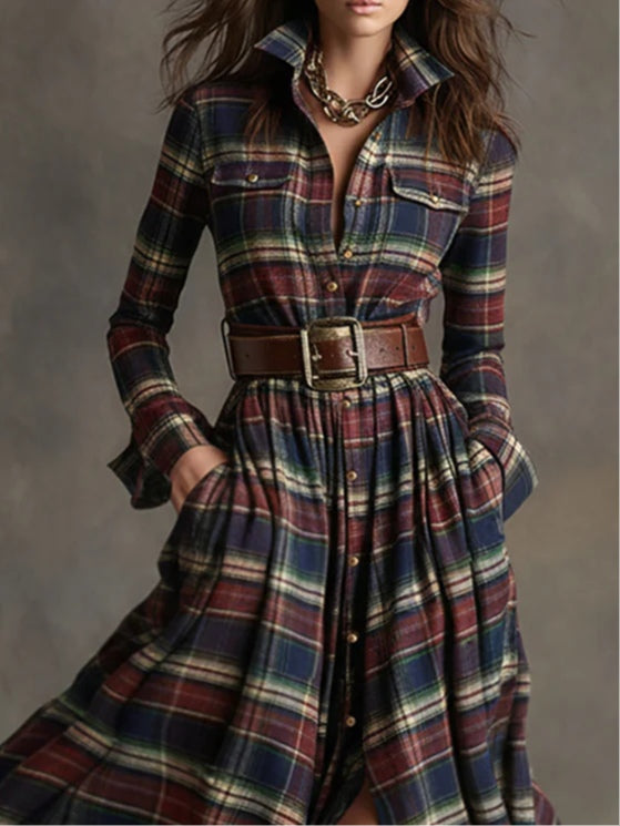 Retro Plaid Lapel Long-Sleeved Maxi Dress (Belt Included)