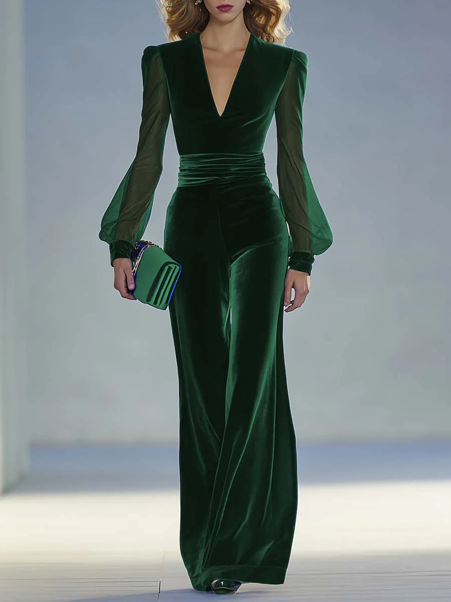 Elegant Retro Royal Velvet V-Neck Jumpsuit with Mesh and Long Sleeves