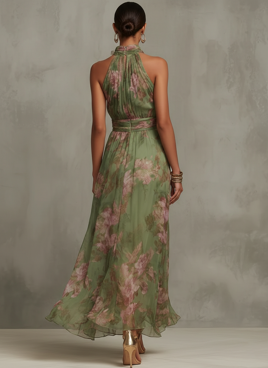 Green Floral Chiffon Halter-Neck Maxi Dress