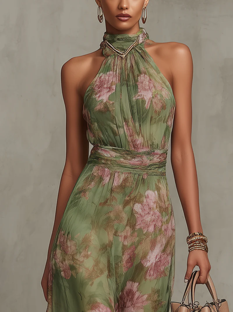 Green Floral Chiffon Halter-Neck Maxi Dress