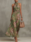Green Floral Chiffon Halter-Neck Maxi Dress