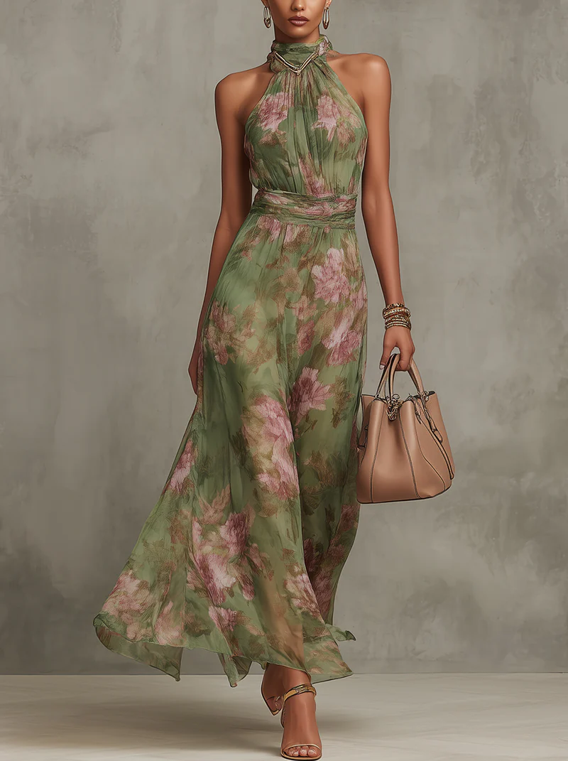 Green Floral Chiffon Halter-Neck Maxi Dress