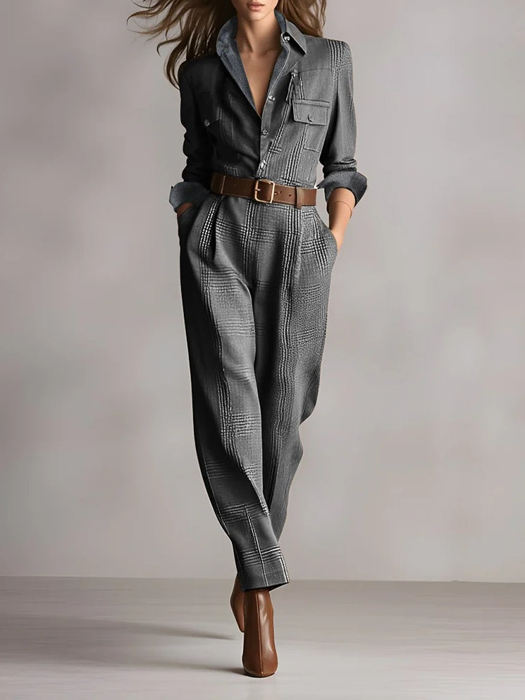 Sophisticated Brown Plaid Tweed Textured Utility Jumpsuit
