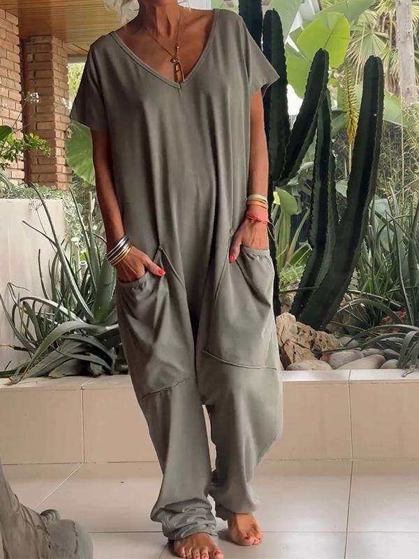 Solid Color V-Neck Casual Jumpsuit