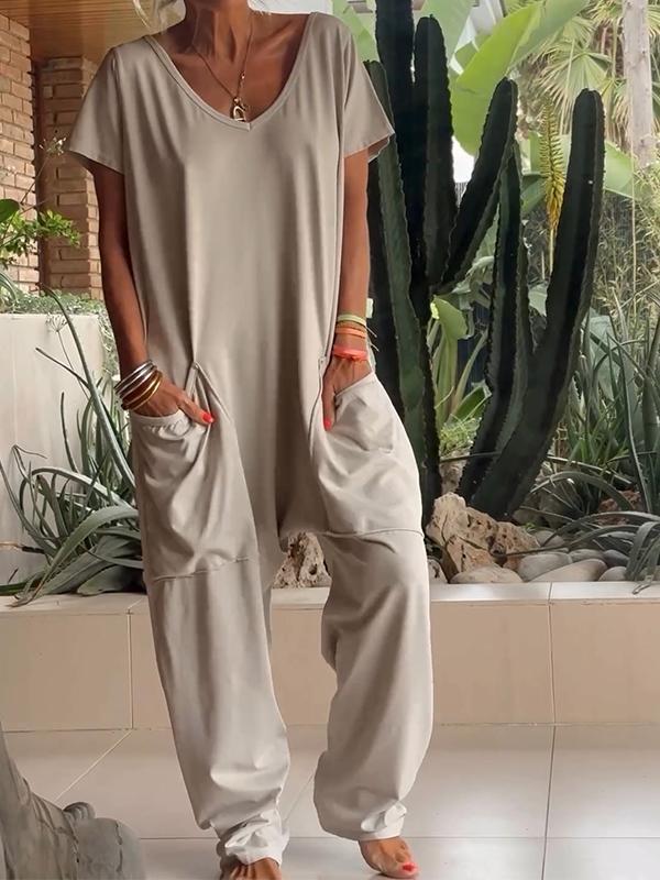 Solid Color V-Neck Casual Jumpsuit
